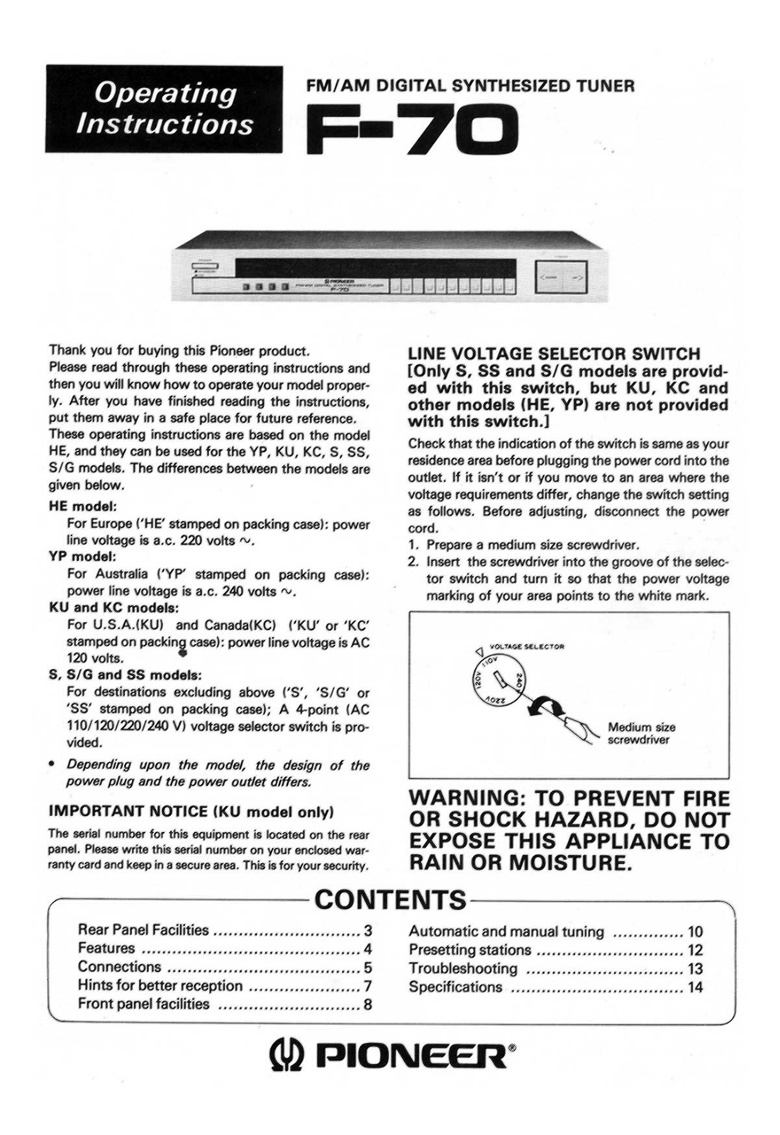 Pioneer F-70 Owners manual