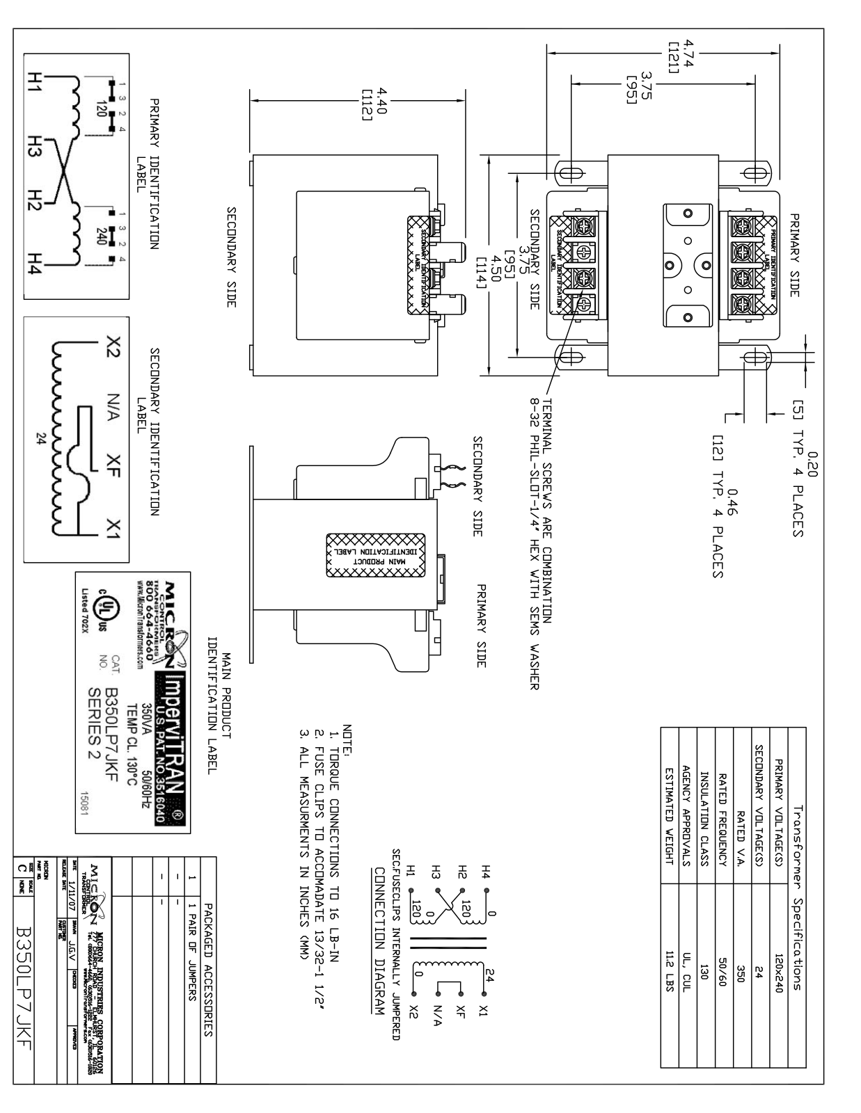 Micron Industries B350LP7JKF Specification Sheet