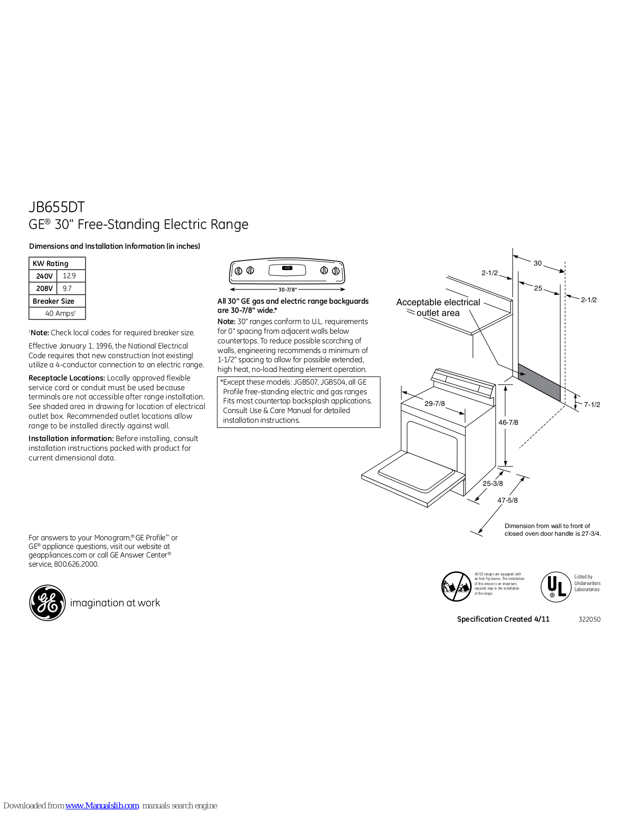 GE JB655DTBB, JB655DTWW Dimensions And Installation Information