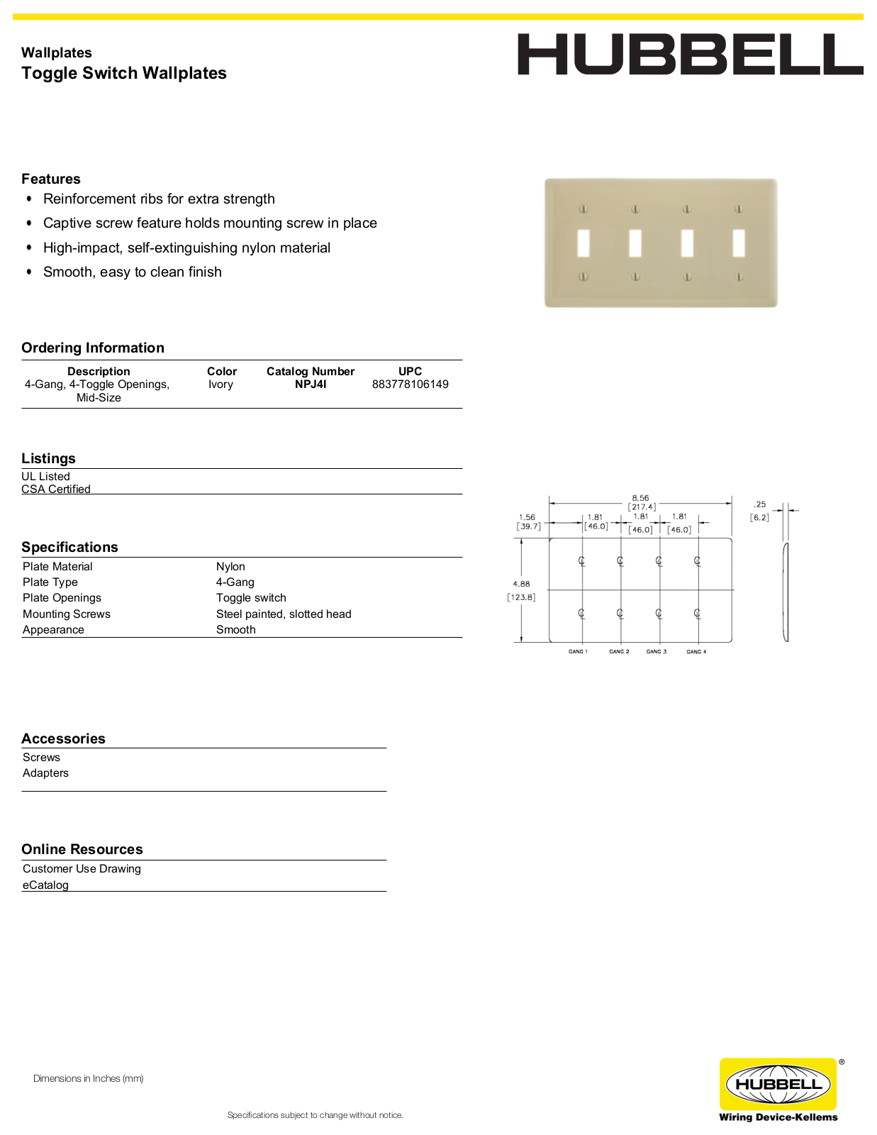 Hubbell NPJ4I Specifications