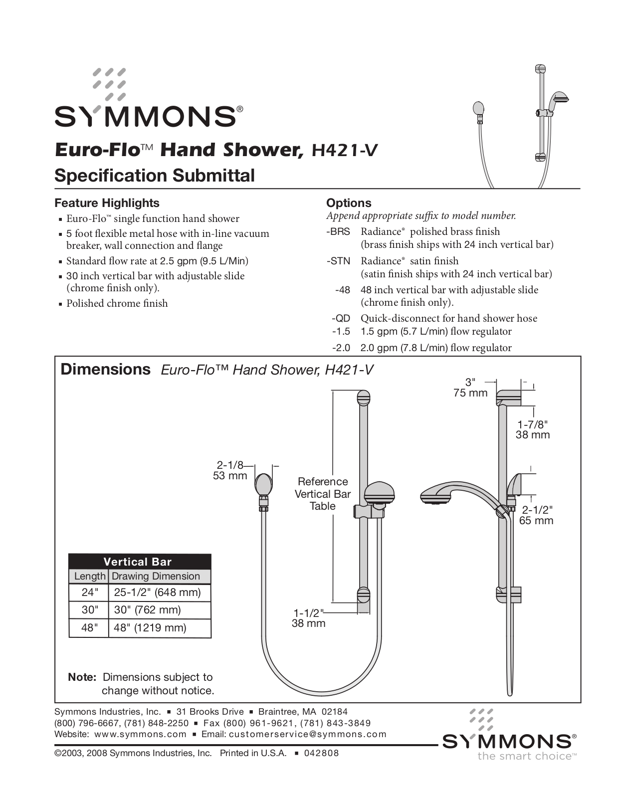 Symmons H421-V User Manual