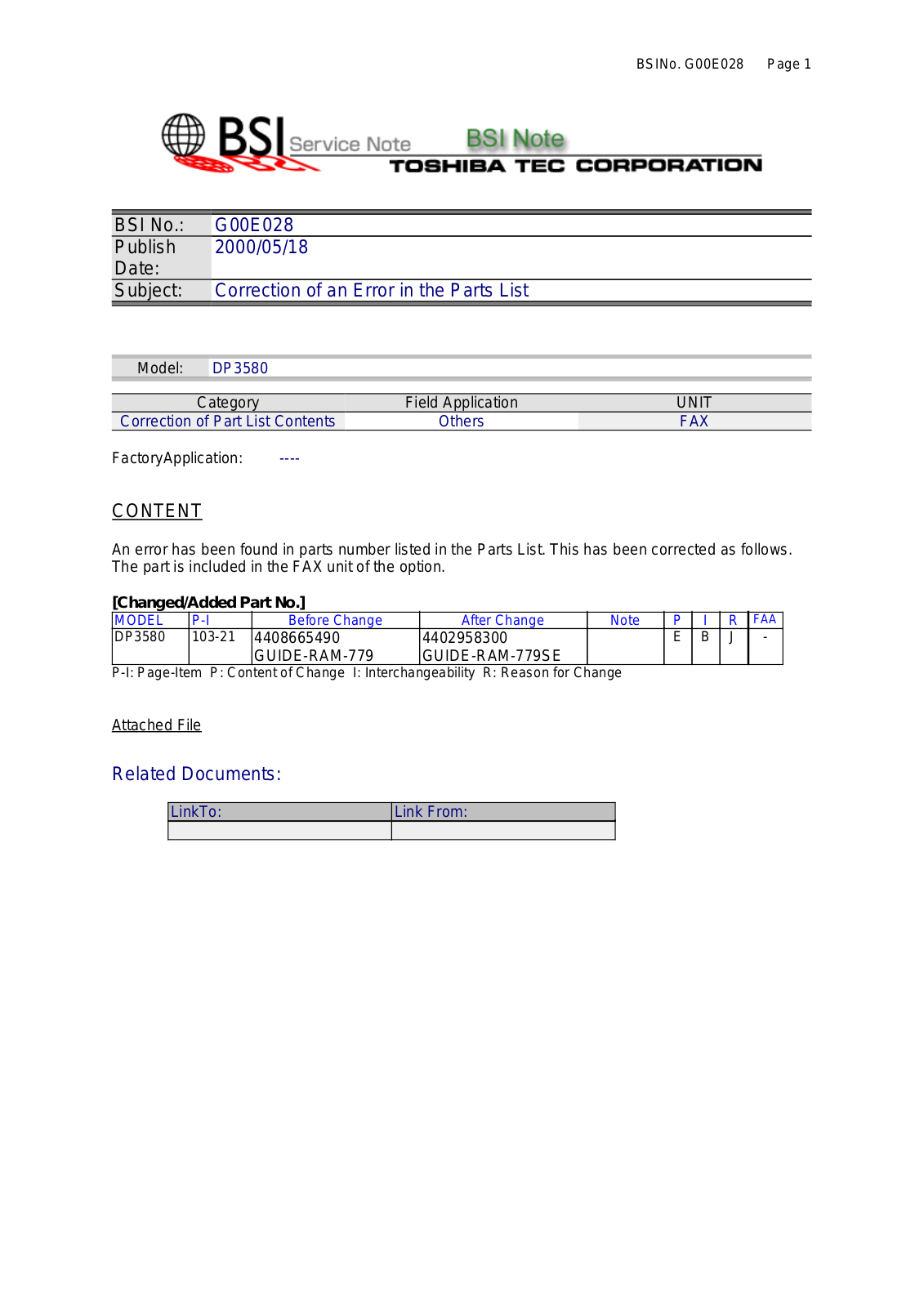 Toshiba G00E028 Service Note