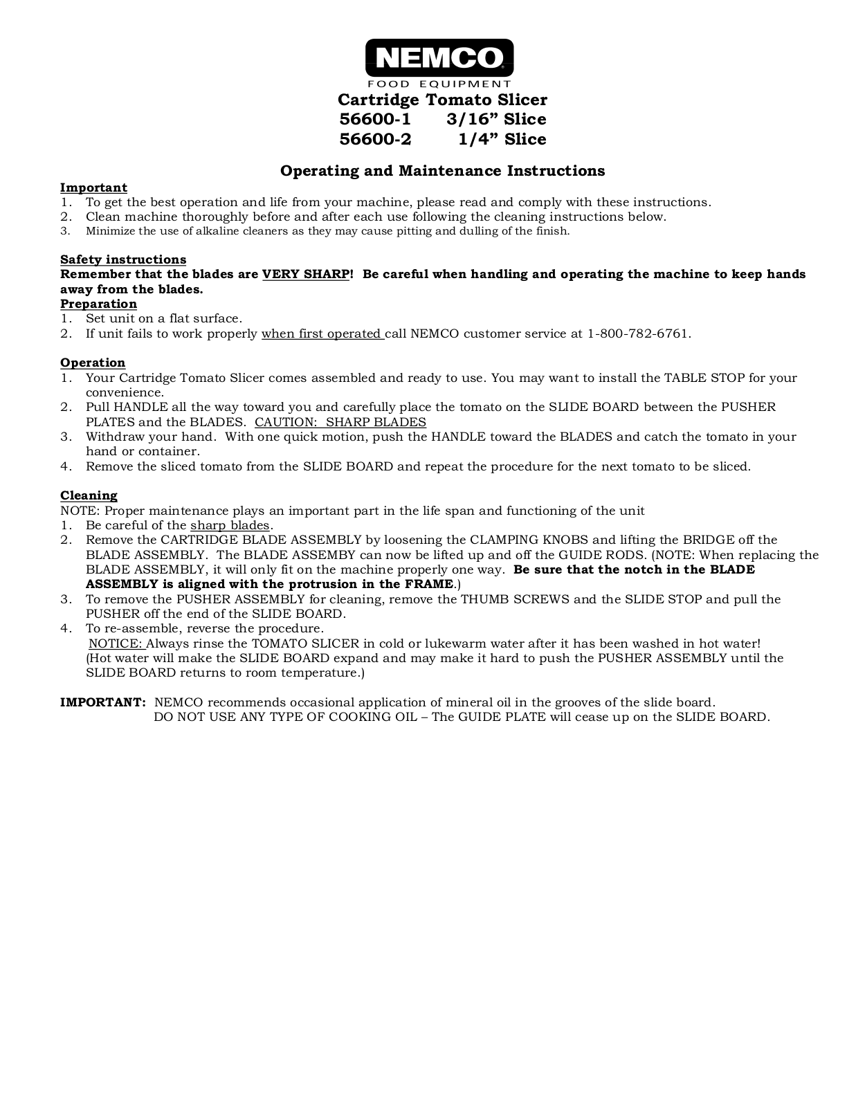 Nemco, Inc. 56600-1, 56600-2 Operation Manual