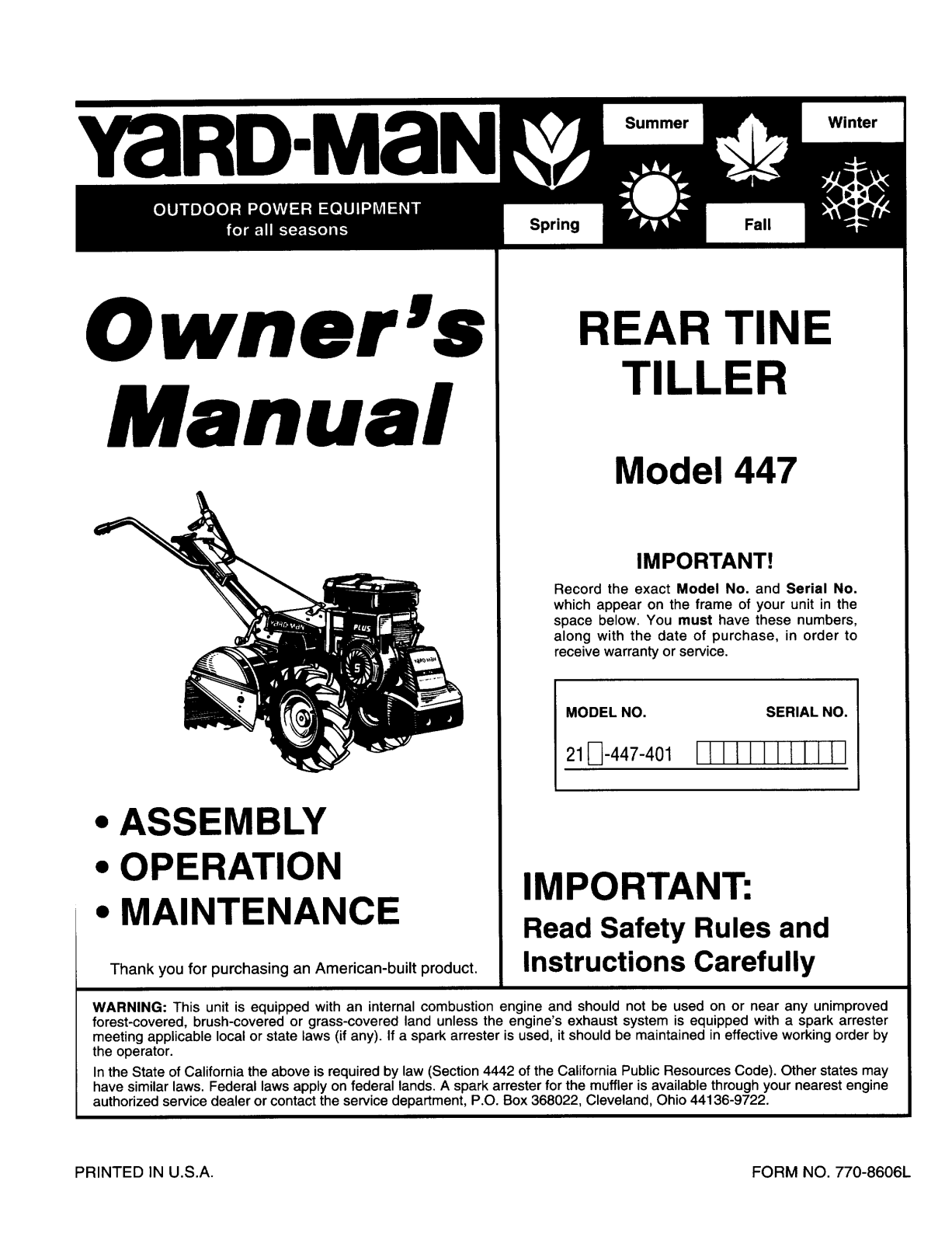 Yard-Man 447 User Manual