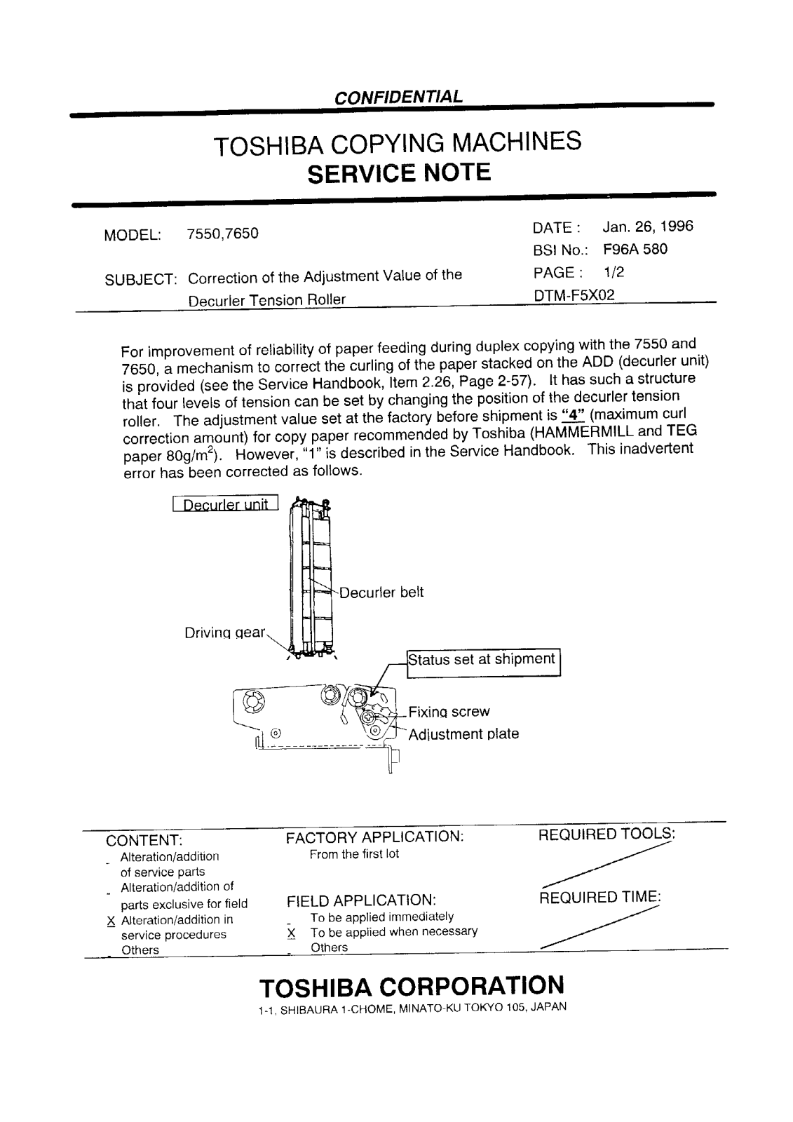 Toshiba f96a580 Service Note