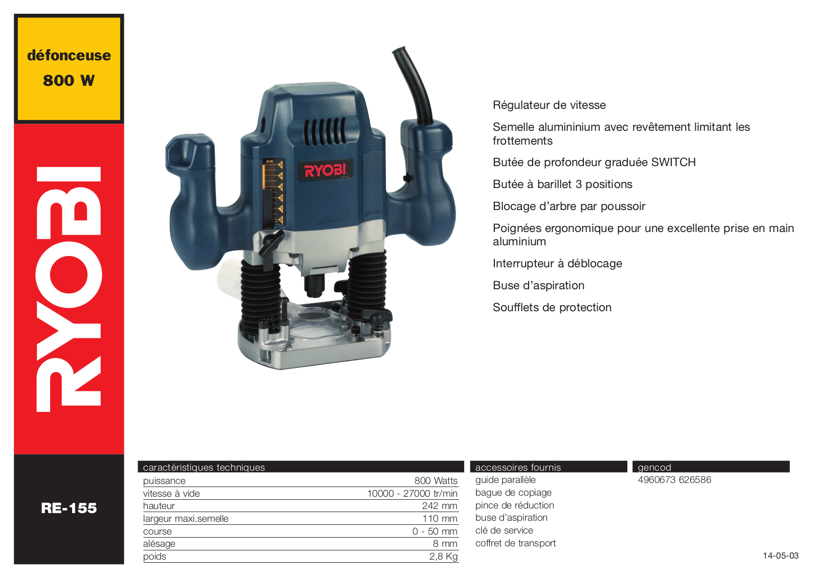 Ryobi RE-155 PRODUCT SHEET