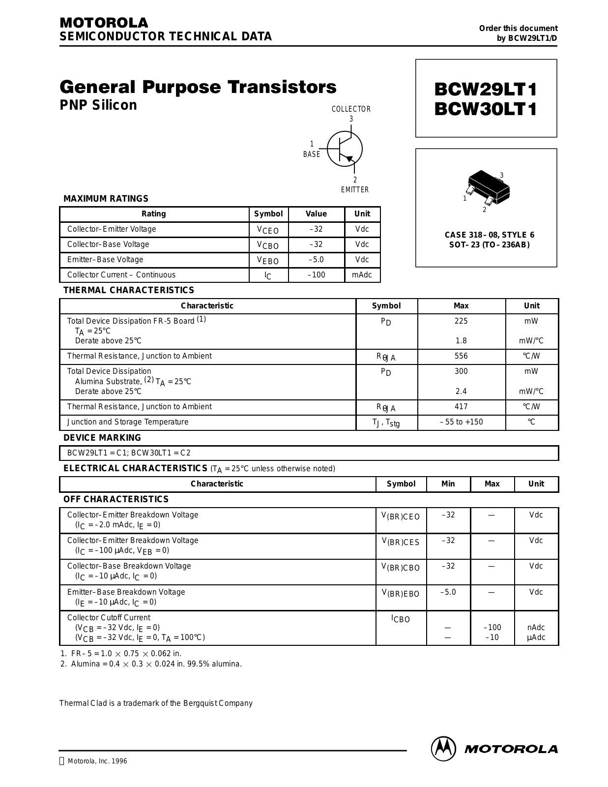 Motorola BCW30LT1, BCW29LT1 Datasheet