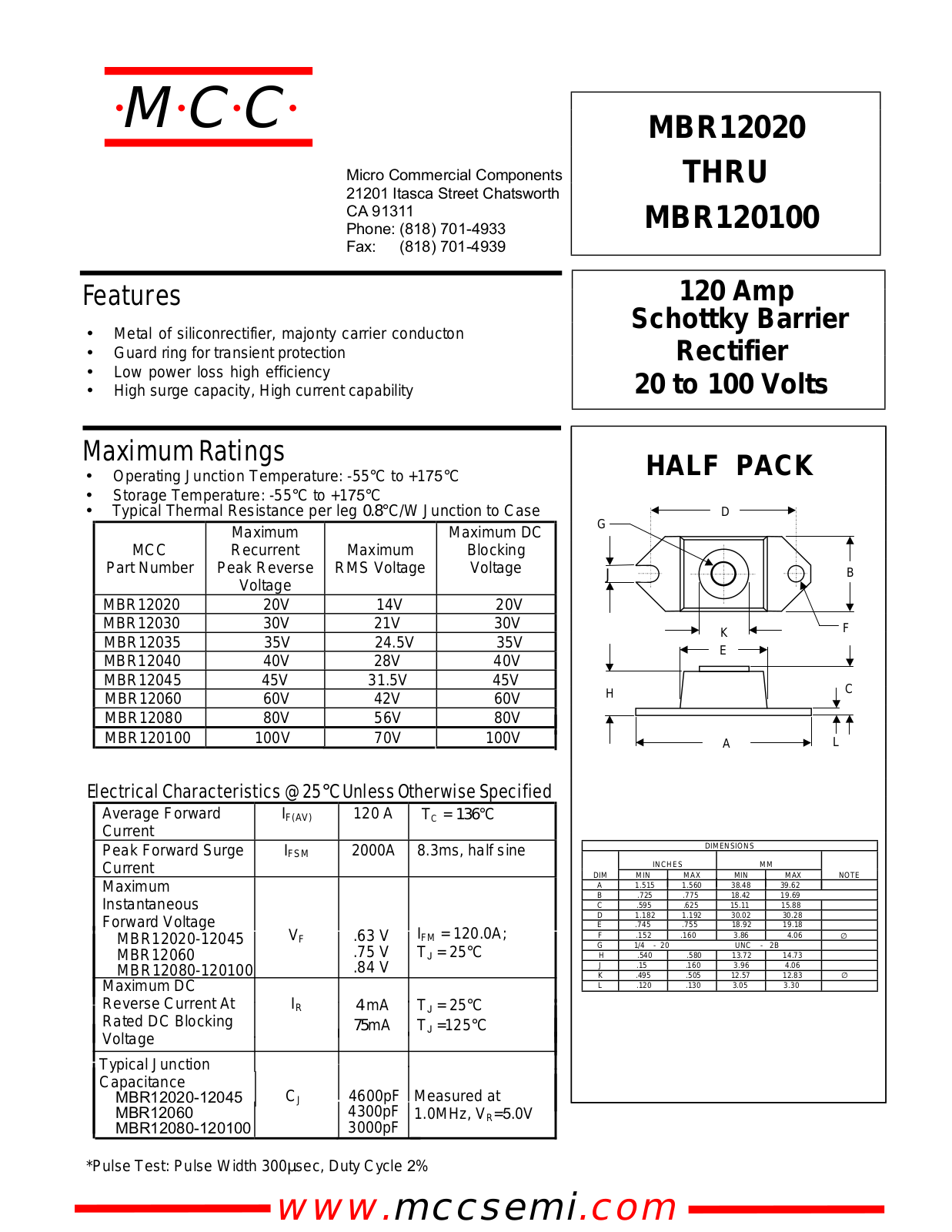 MCC MBR120100, MBR12060, MBR12030, MBR12040, MBR12045 Datasheet