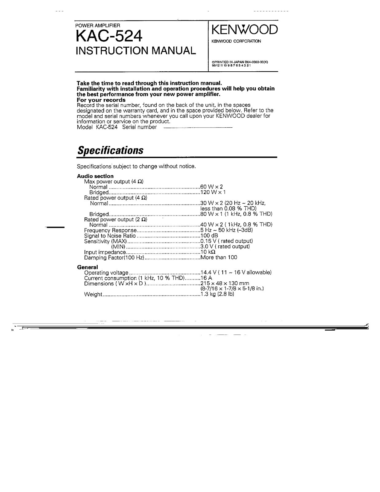 Kenwood KAC-524 Owner's Manual