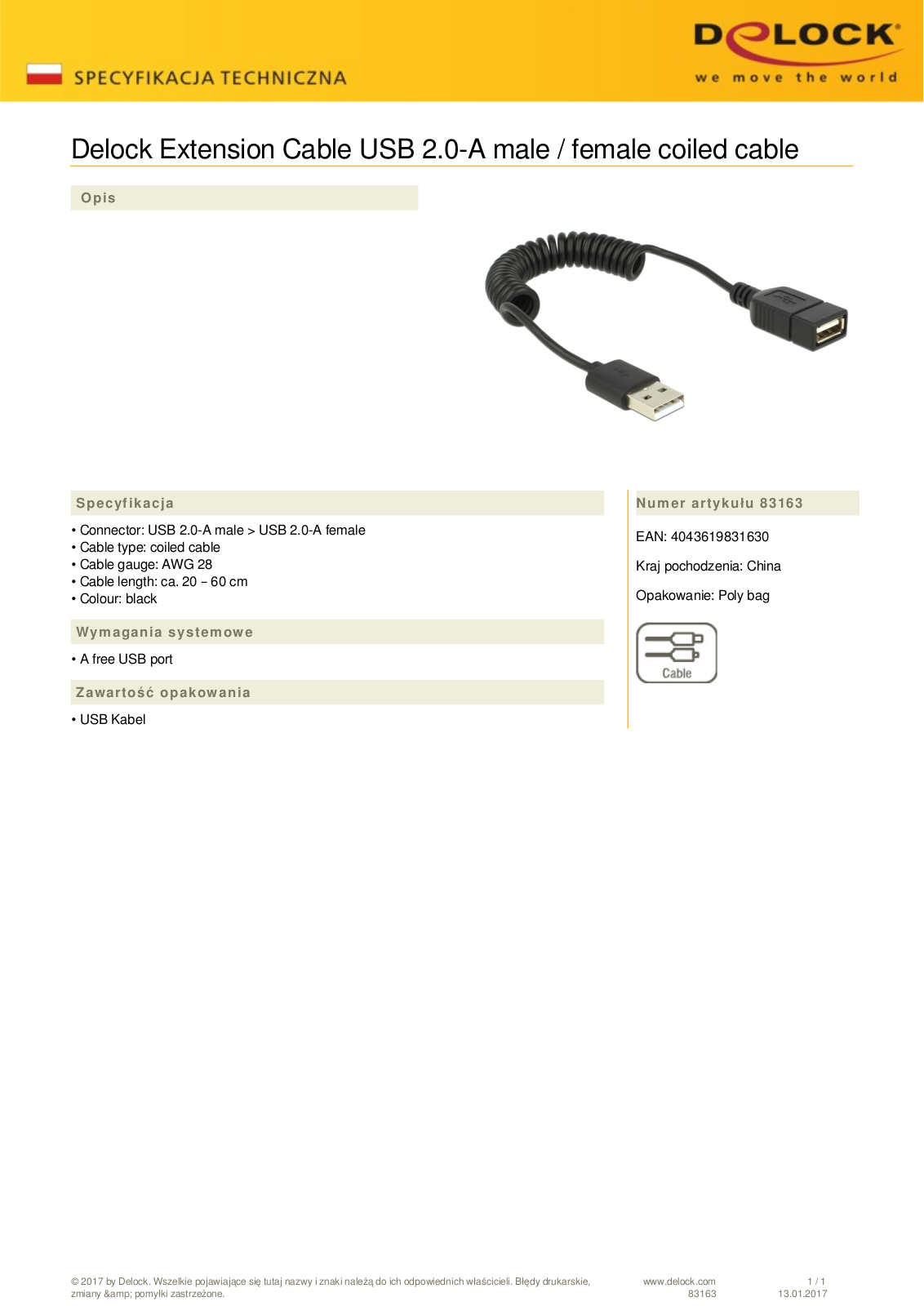 DeLOCK USB 2.0 spiral cable extension A-A socket 20-60cm User Manual