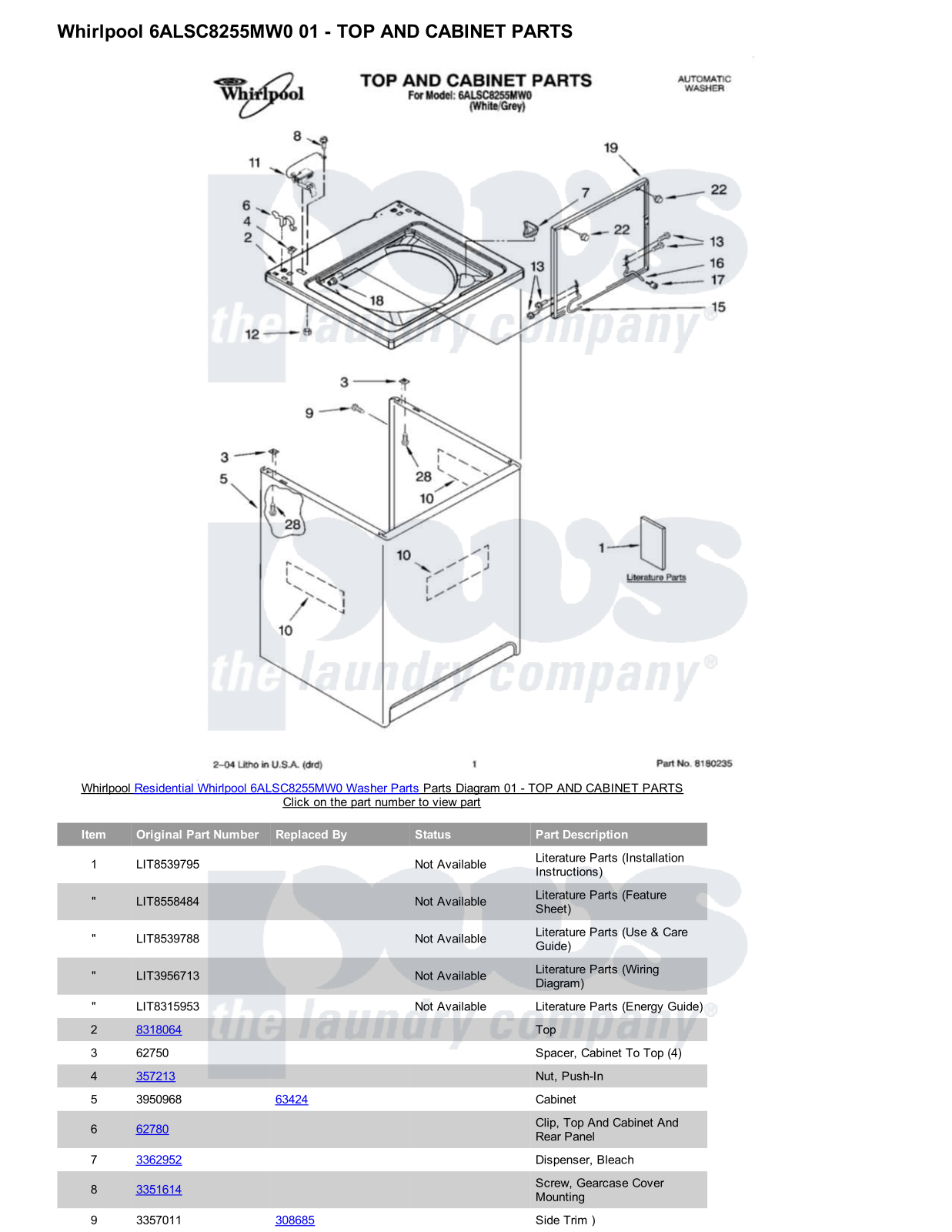 Whirlpool 6ALSC8255MW0 Parts Diagram