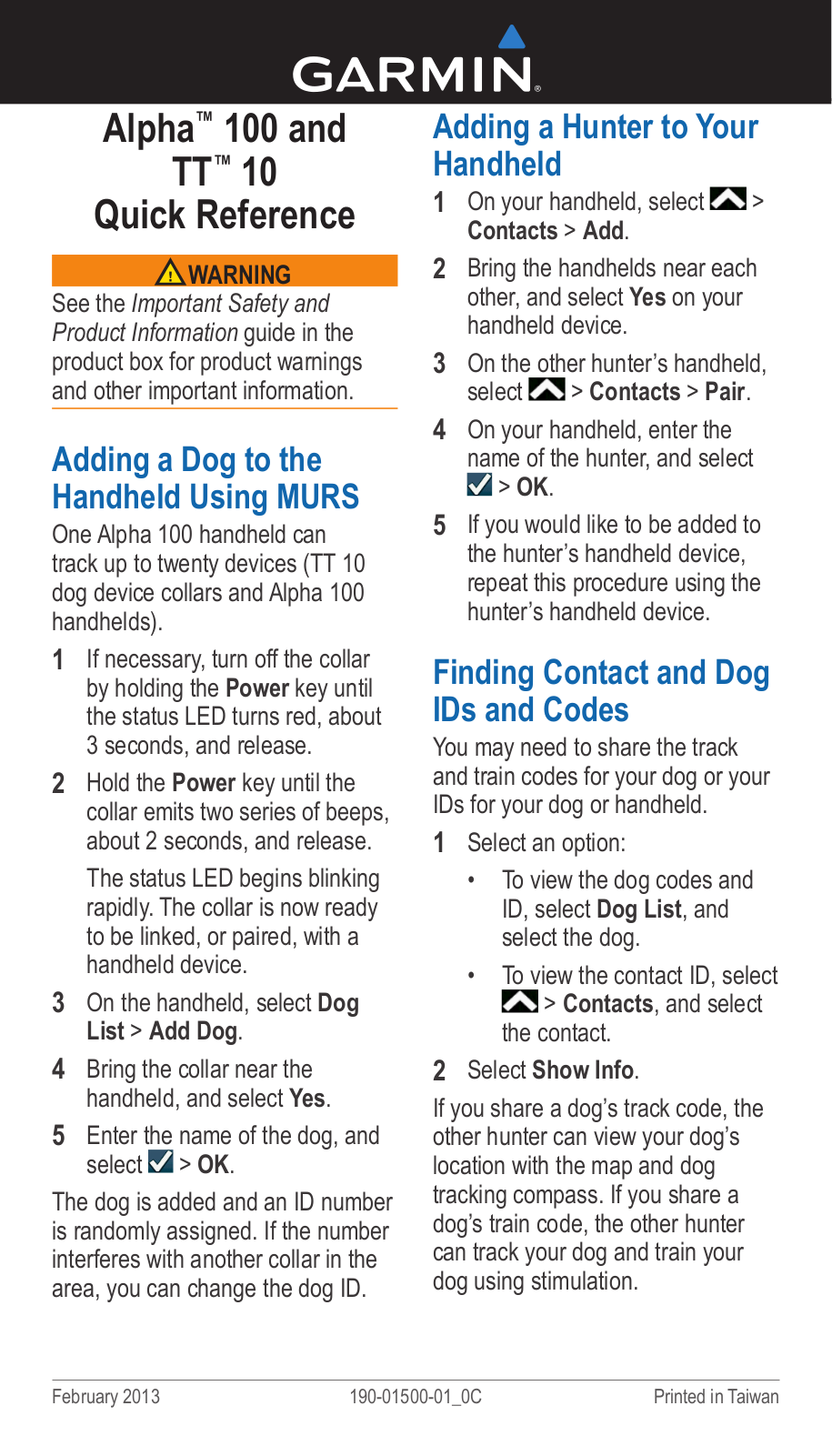 Garmin Alpha 100 Quick Reference