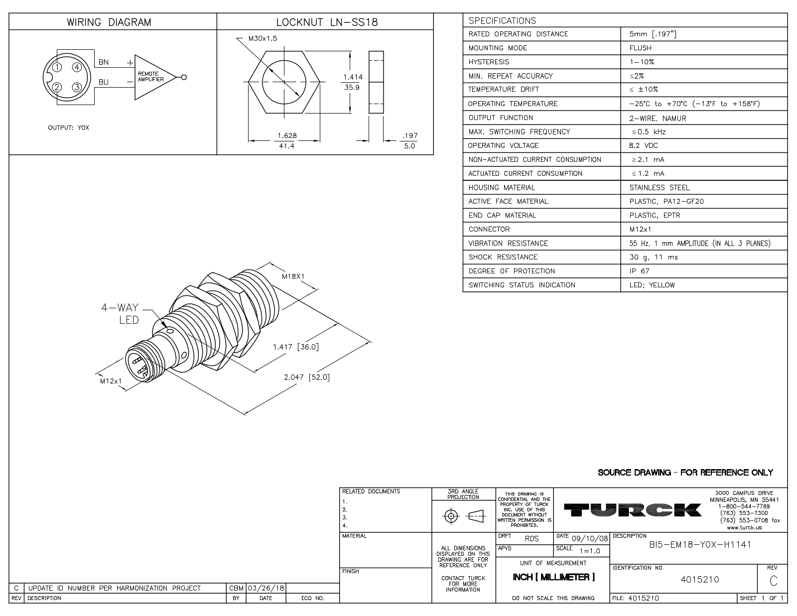 Turck BI5-EM18-Y0X-H1141 Data Sheet