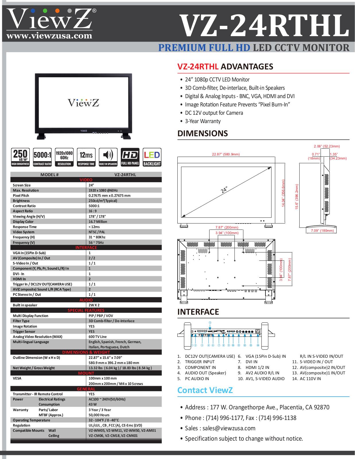 ViewZ VZ-24RTHL Specsheet