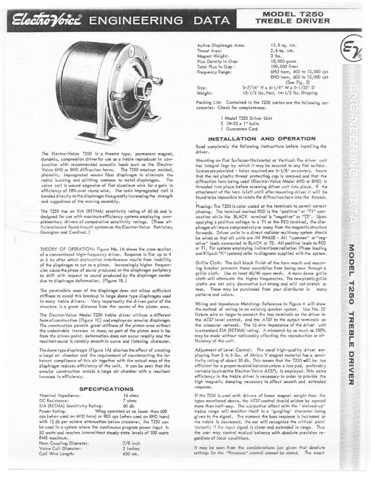 Electro-voice T250 DATASHEET