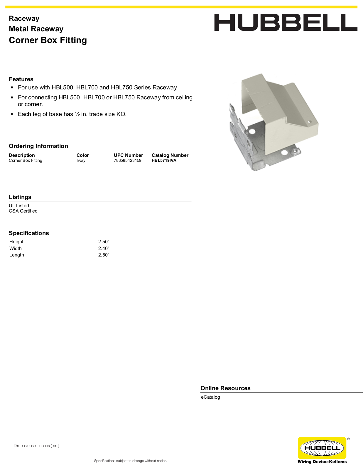 Hubbell HBL5719IVA Specifications