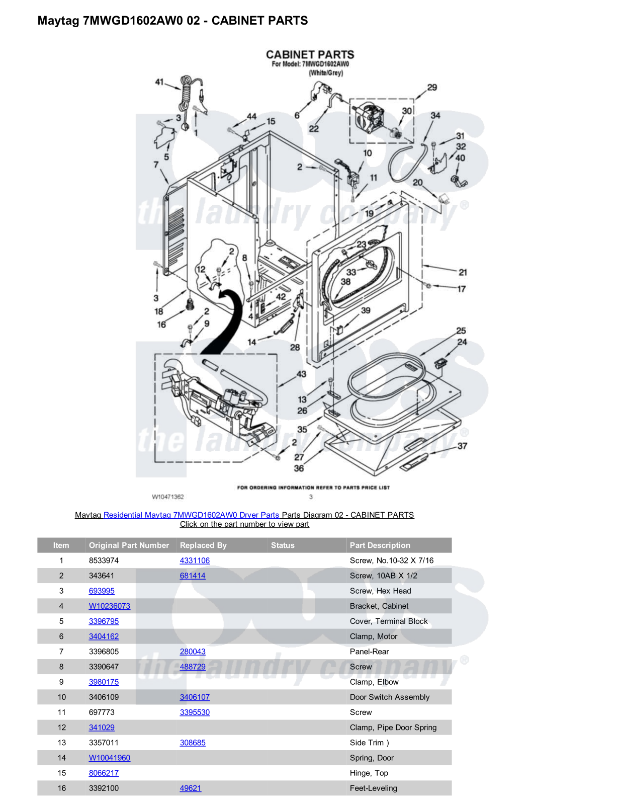 Maytag 7MWGD1602AW0 Parts Diagram