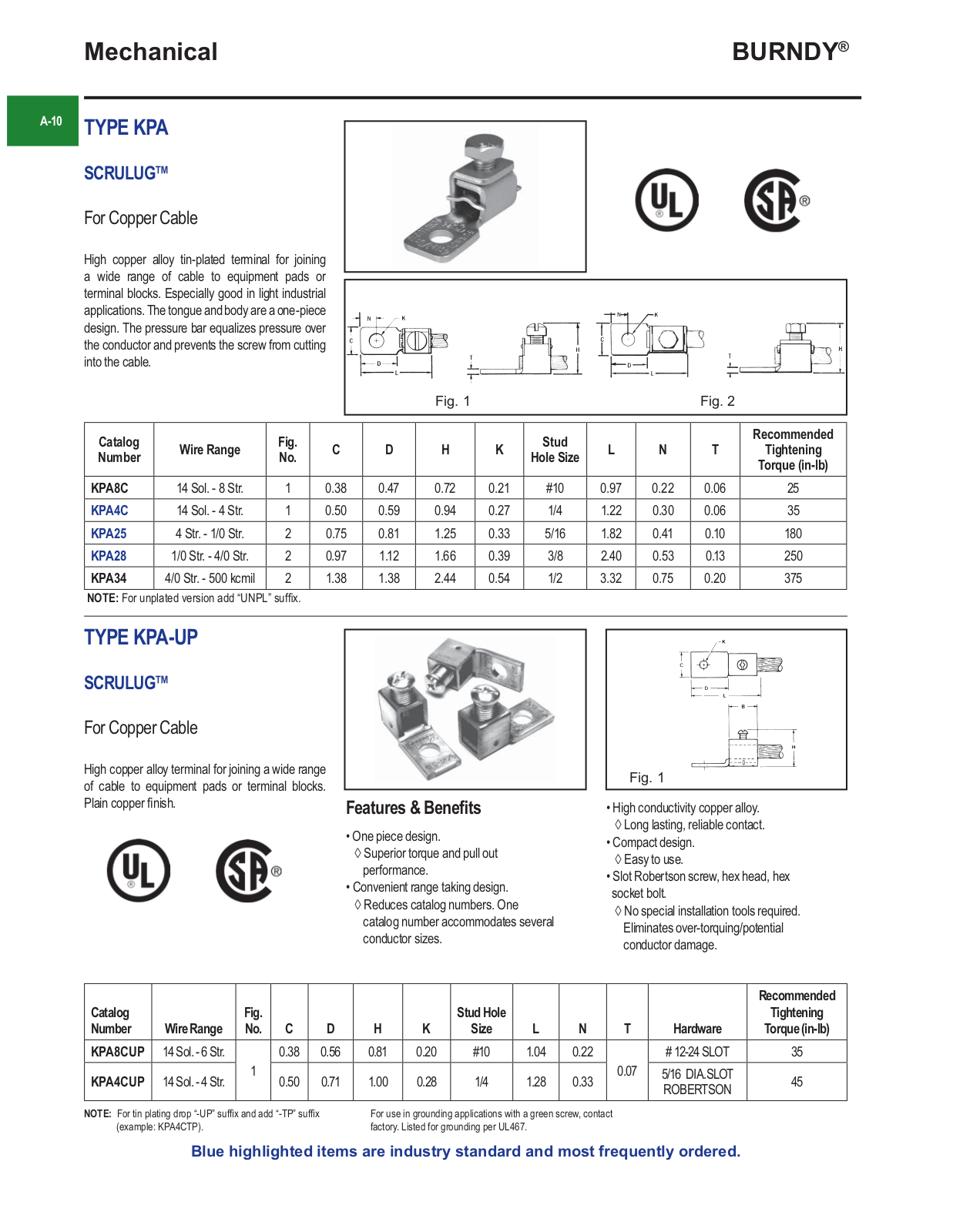 Burndy KPA, KPA-UP Catalog Page