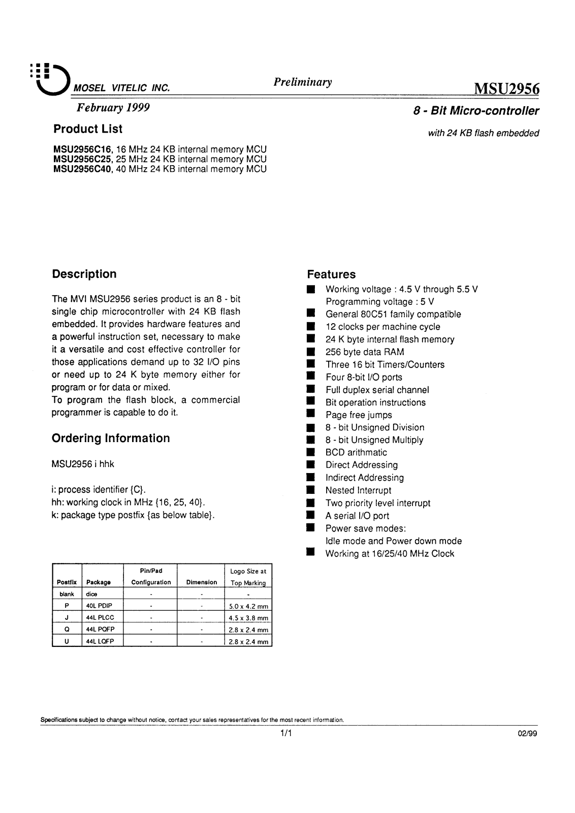 Mosel Vitelic MSU2956C16, MSU2956C24, MSU2956C40 Datasheet