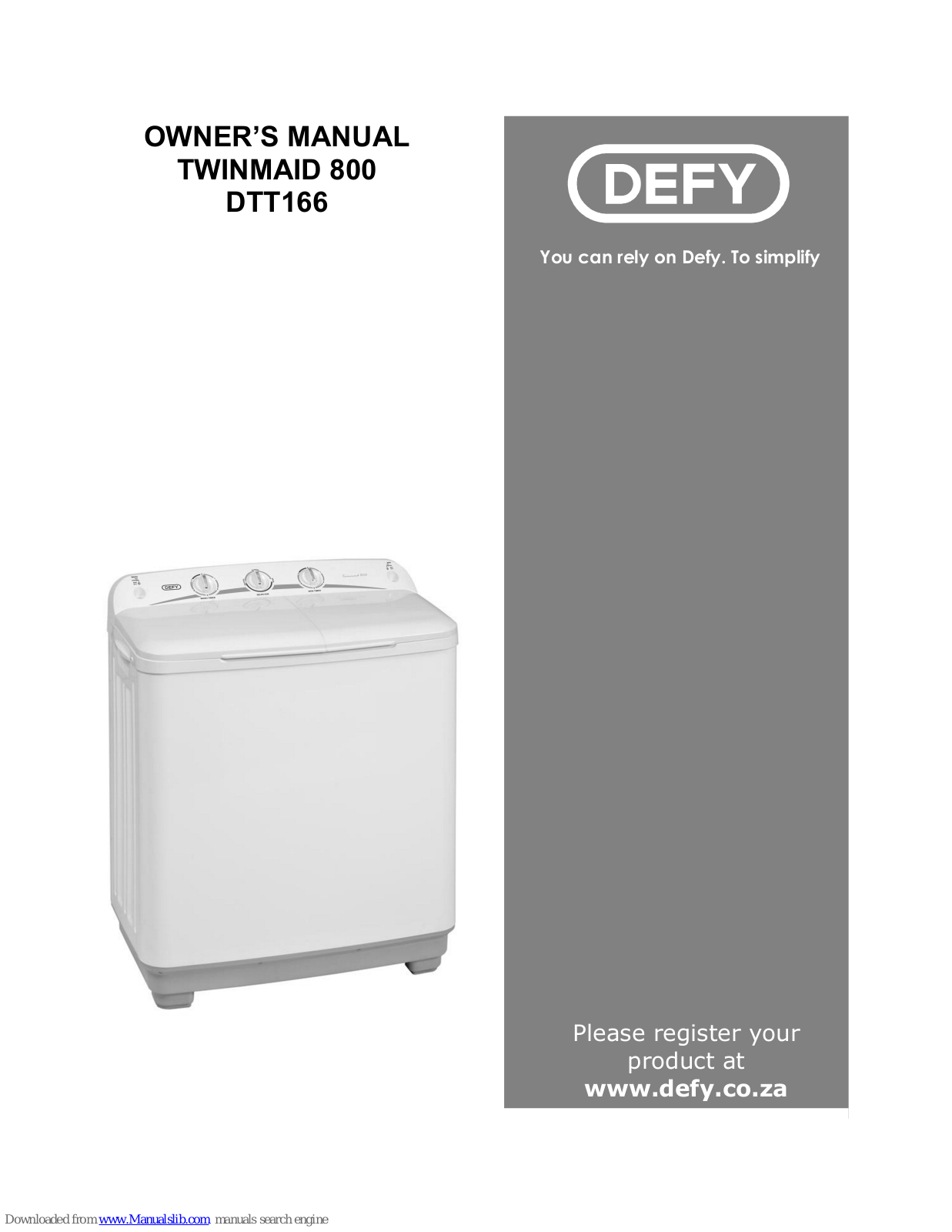 Defy  Twinmaid 800, DTT166u0001, Twinmaid 800 DTT166 Owner's Manual