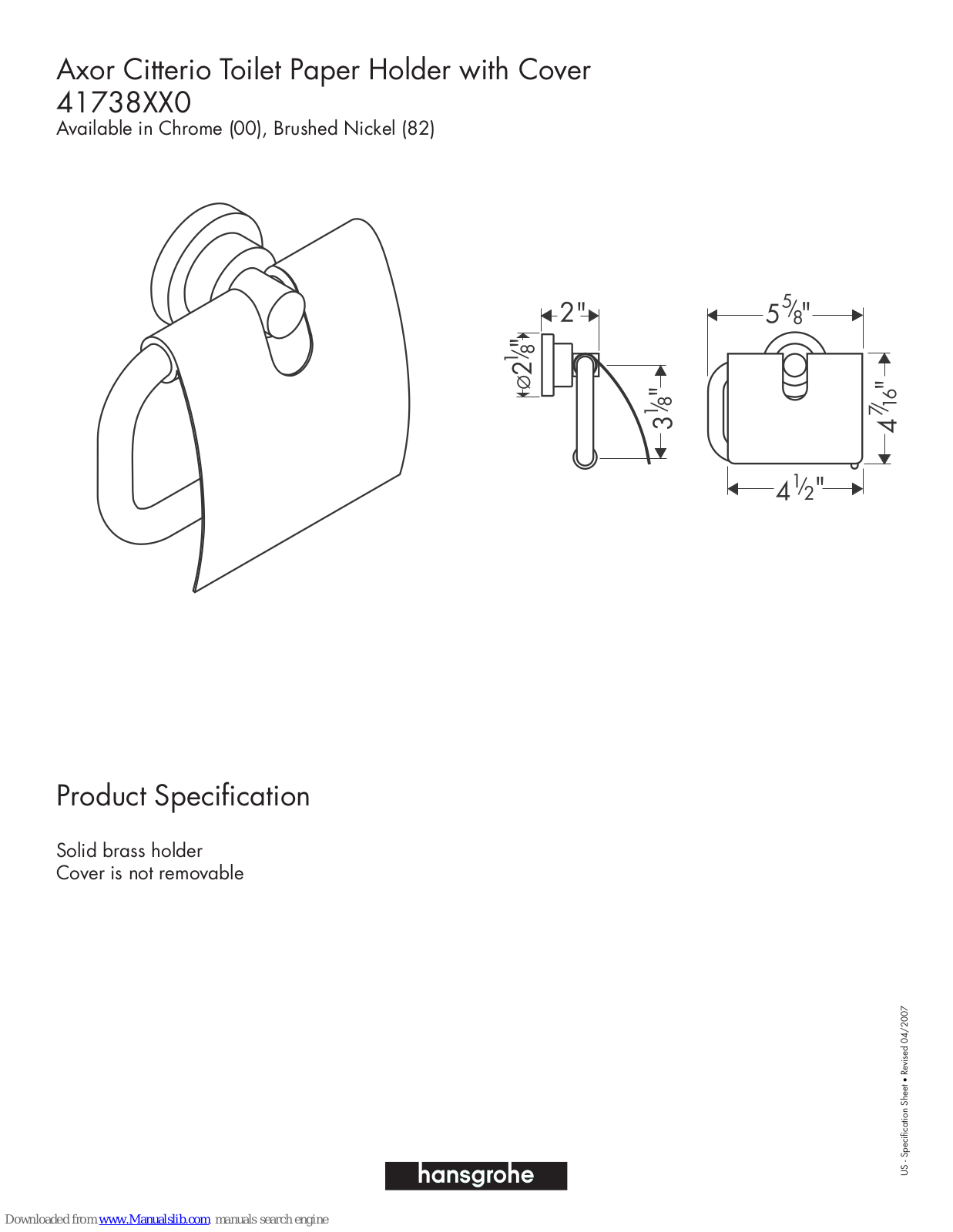 Hansgrohe 41738000, 41738820 Specification Sheet