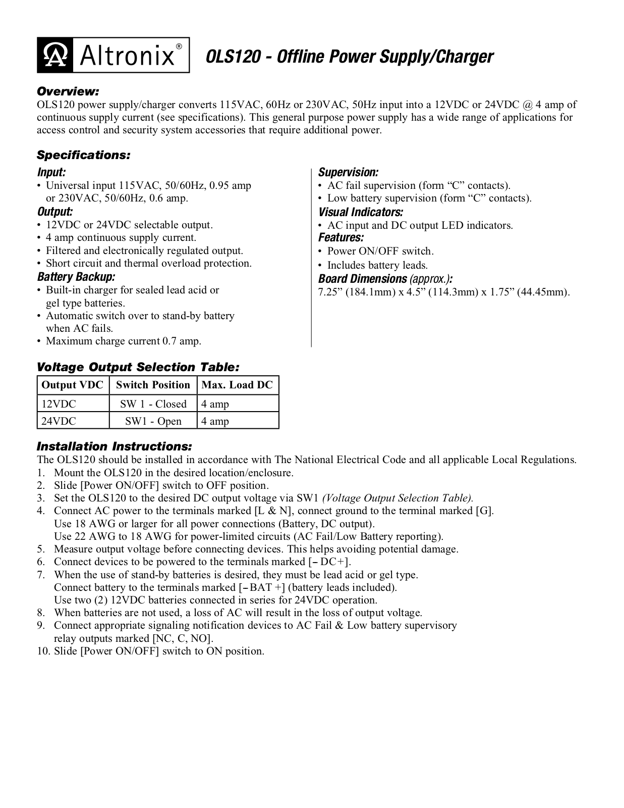 Altronix OLS120 Installation Instructions