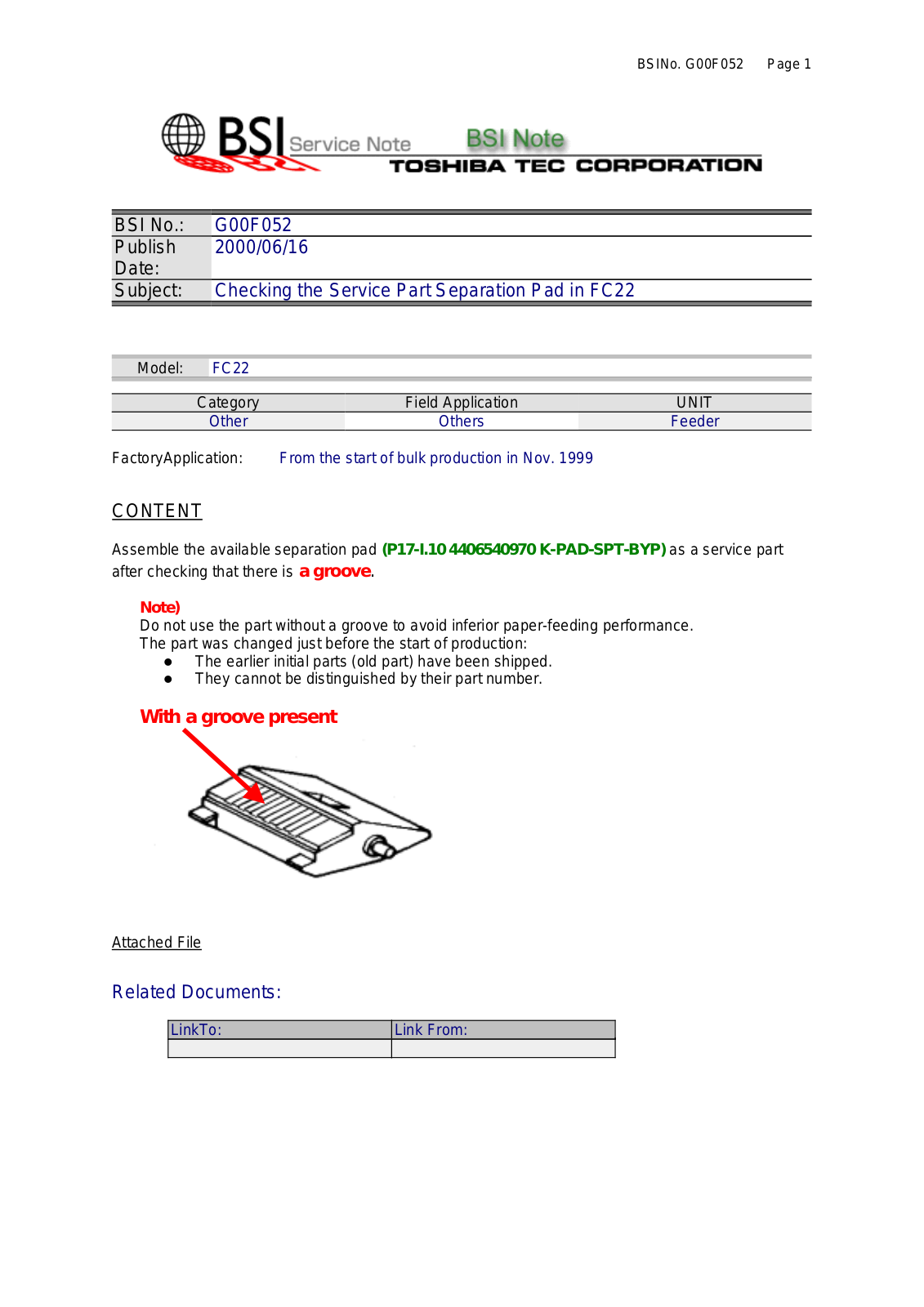 Toshiba G00F052 Service Note