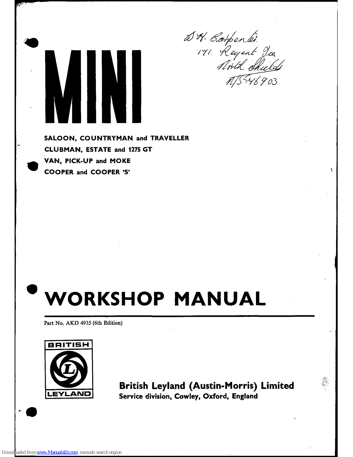 Mini Saloon, Countryman, Traveller, Clubman, 1275 GT Workshop Manual