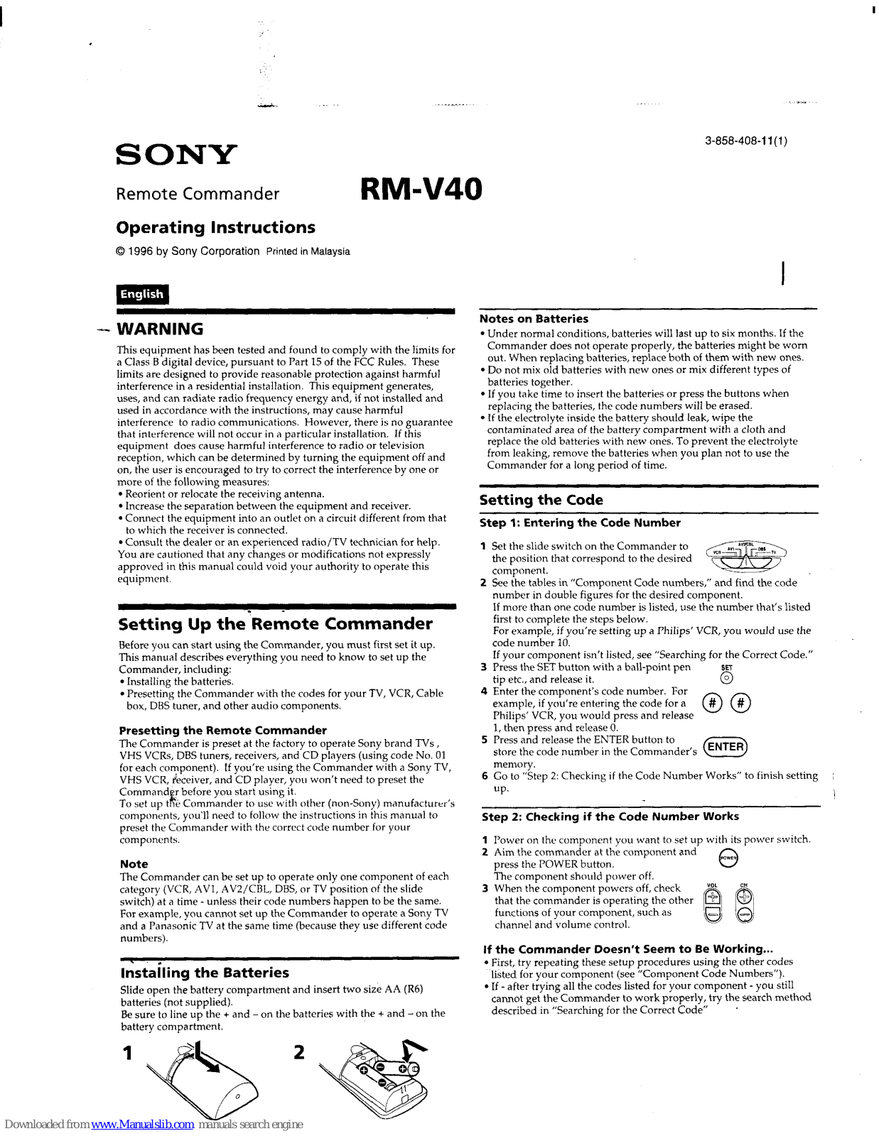 Sony Remote Commander RM-V40 Operating Instructions Manual