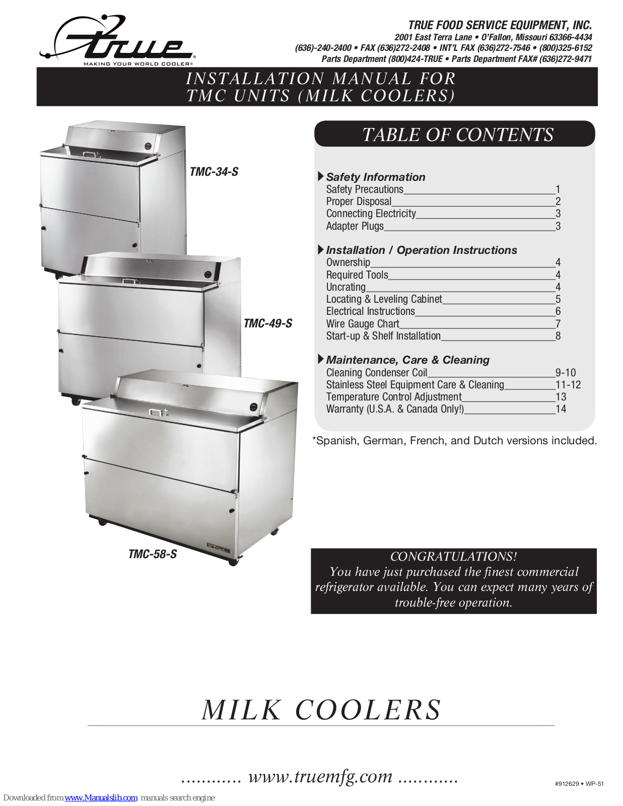 True Milk Coolers TMC-58-S, TMC-34-SS, TMC-34-S Installation Manual