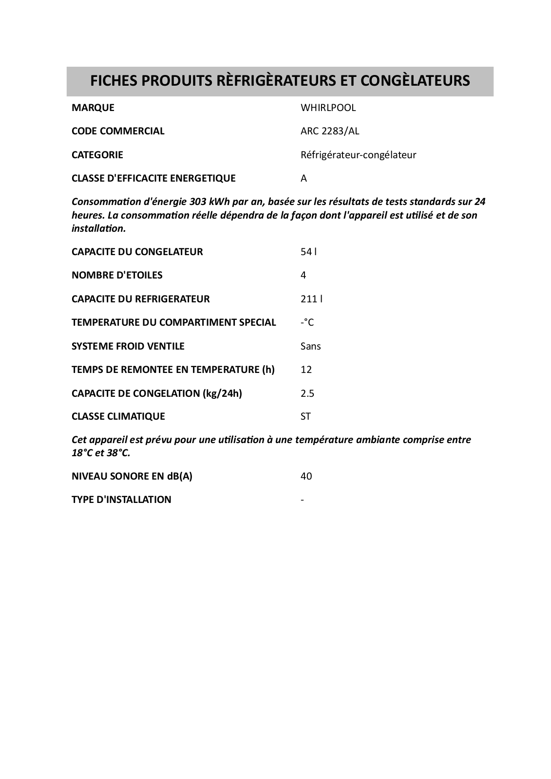 Whirlpool ARC 2283/AL PRODUCT SHEET