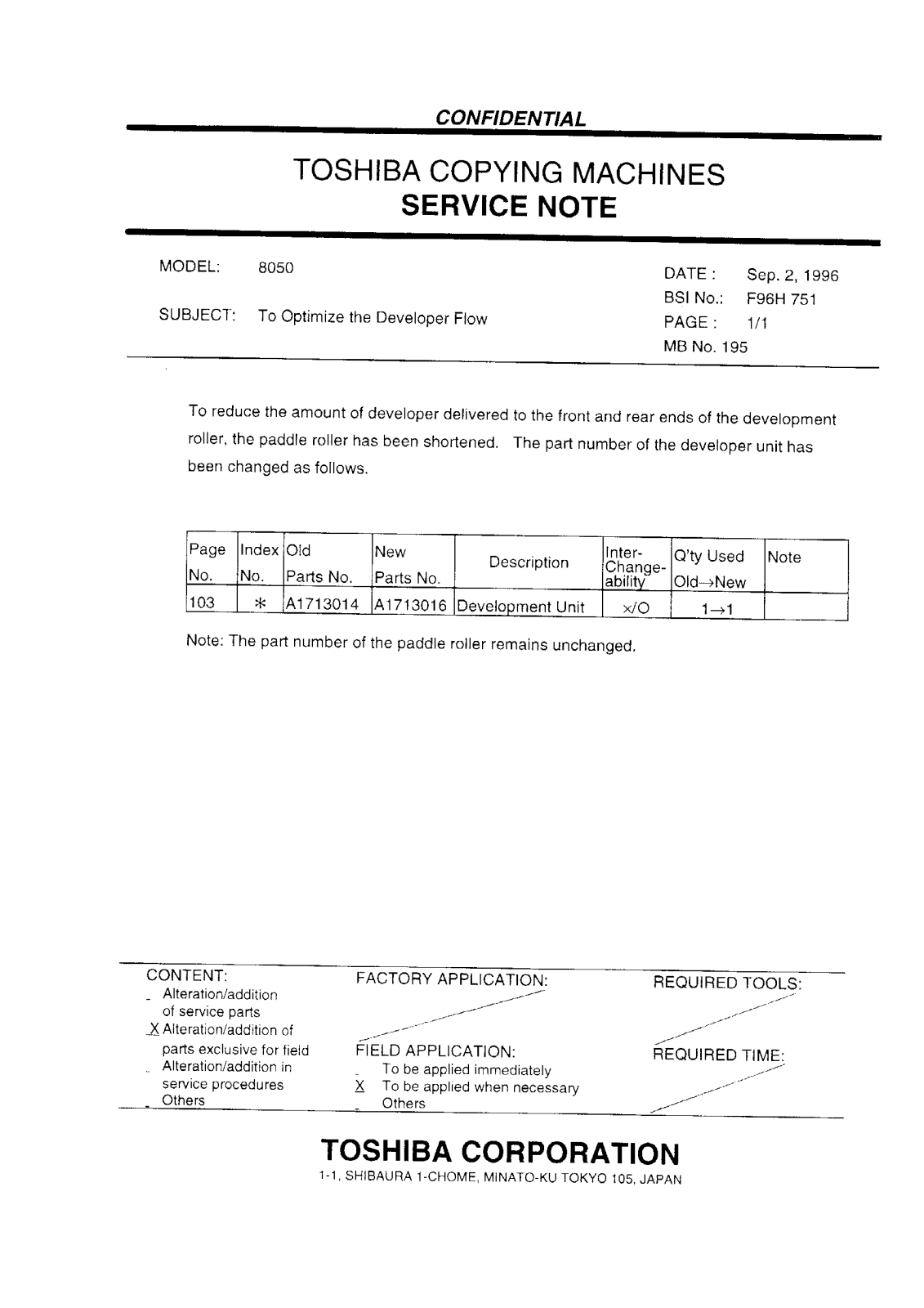 Toshiba f96h751 Service Note