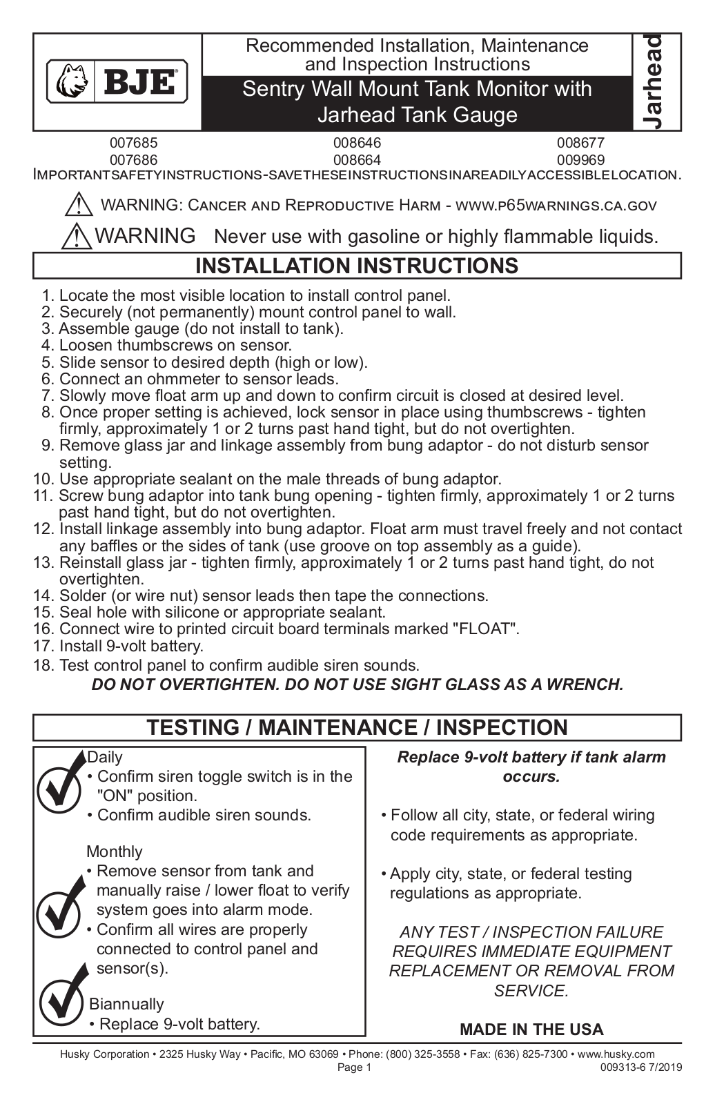 BJE 007685, 008664, 008677, 007686, 008646 Recommended Installation, Maintenance And Inspection Instructions - ManualMachine.com