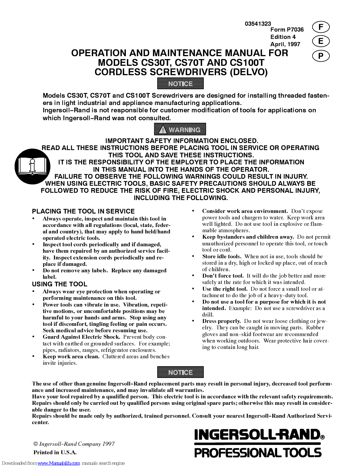 Ingersoll-Rand CS70T, CS30T, CS100T Operation And Maintenance Manual