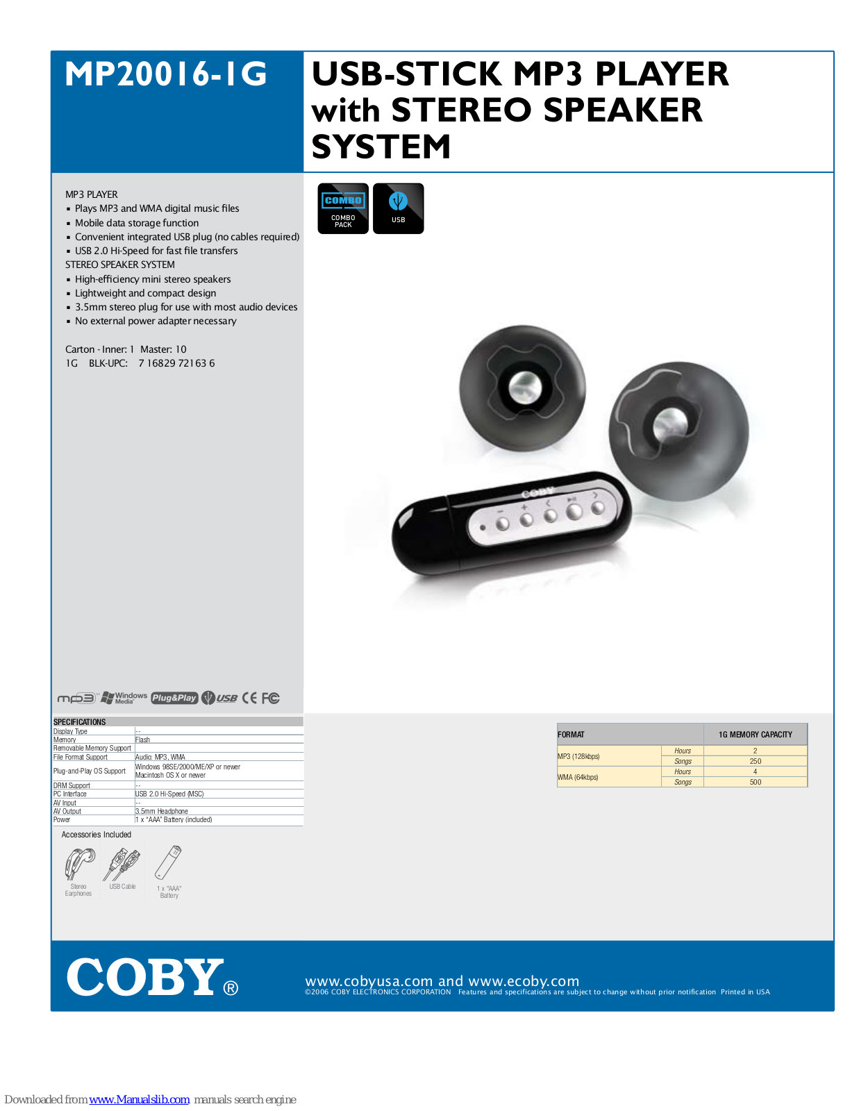 Coby MP20016-IG, MP20016 Specifications