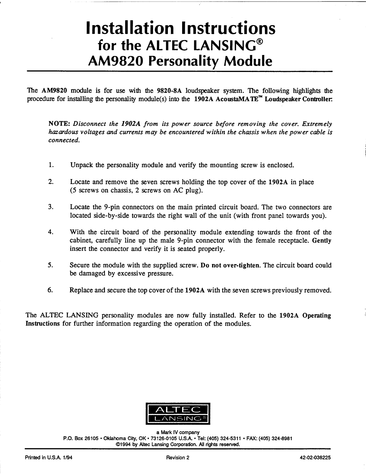 Altec lansing AM9820 User Manual