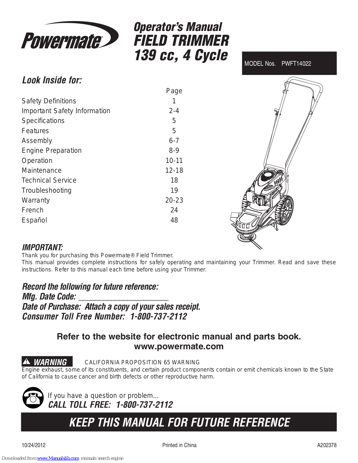 Powermate PWFT14022 Operator's Manual