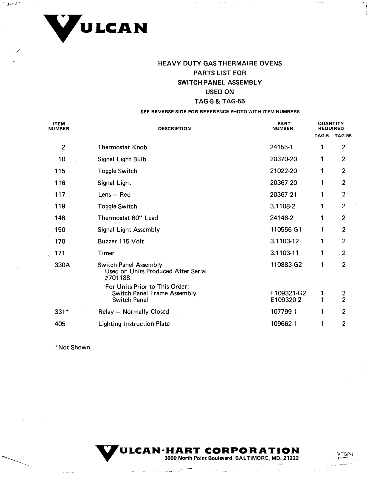 Vulcan TAG-55FD Parts List