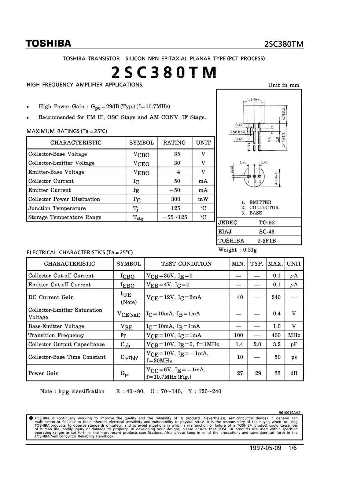 Toshiba 2SC380TM-Y, 2SC380TM Datasheet