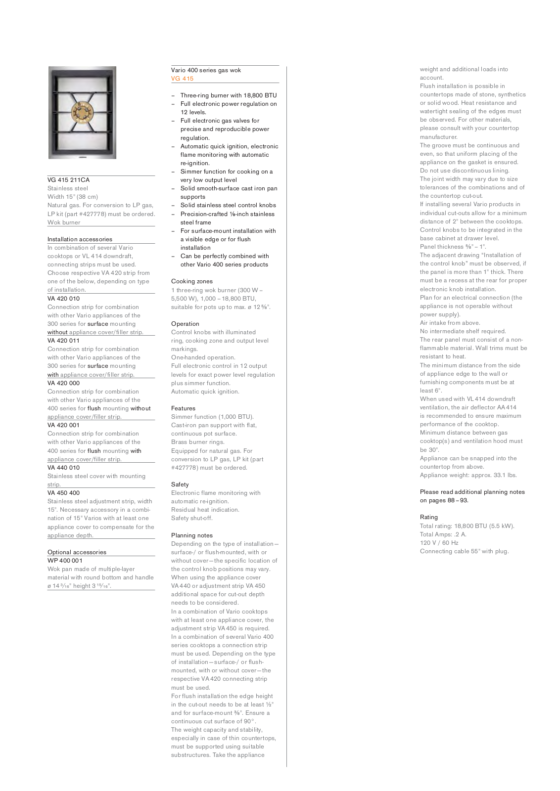 Gaggenau VG415211CA Specification Sheet