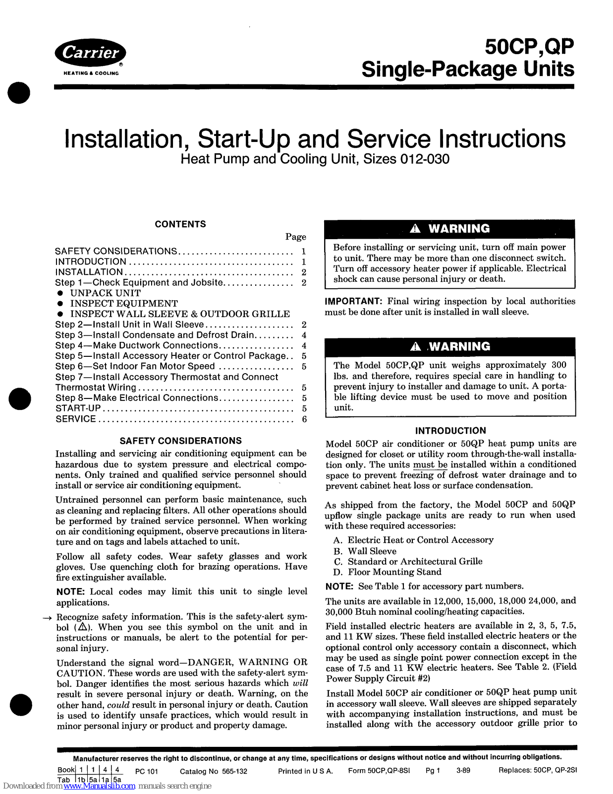 Carrier 50CP, 50QP Installation, Start-up And Service Instructions Manual - ManualMachine.com