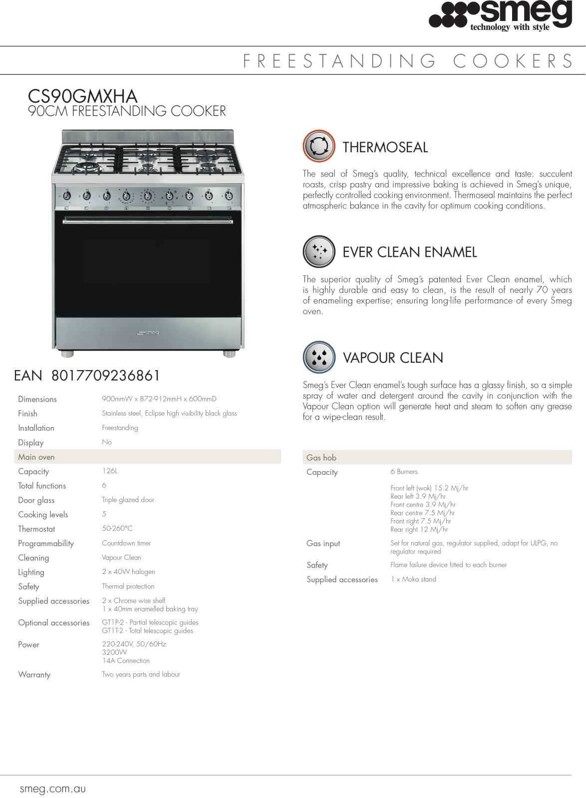 Smeg CS90GMXHASHW920XPK Specifications Sheet