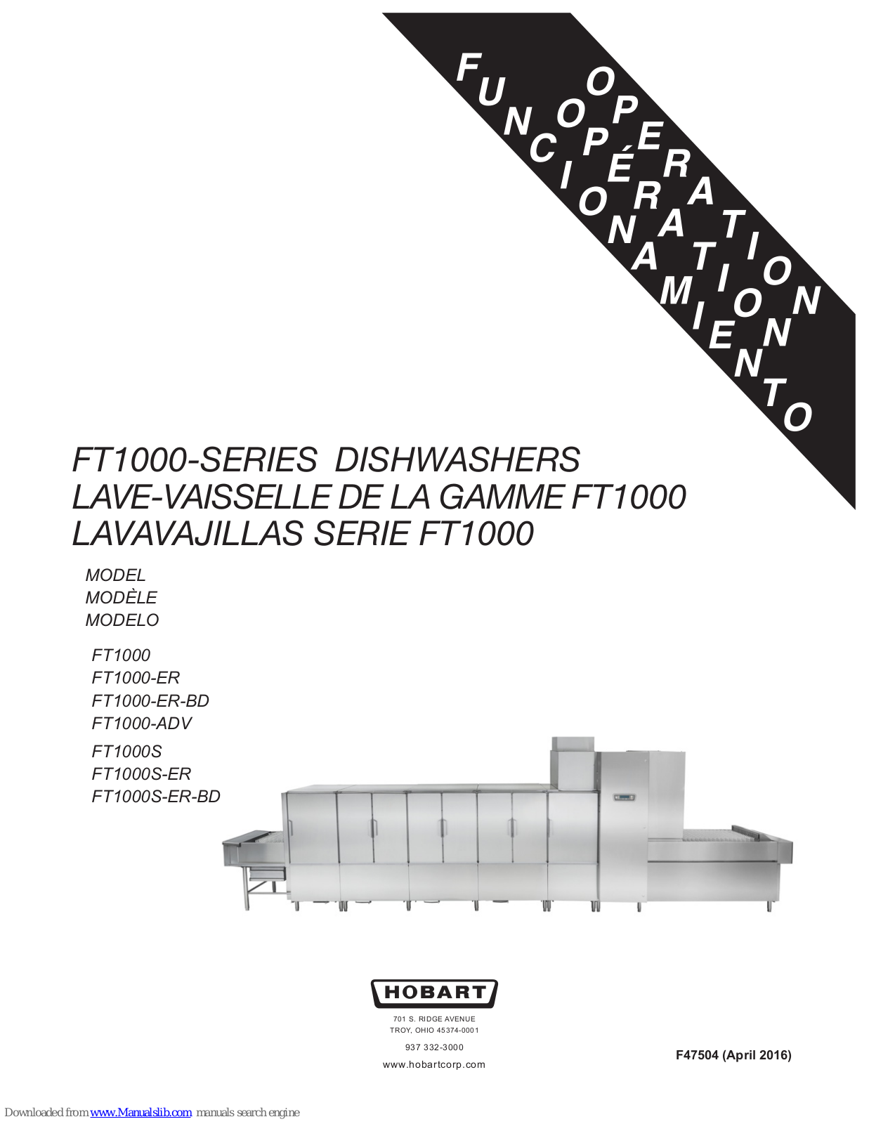 Hobart FT1000, FT1000-ER-BD, FT1000-ADV, FT1000S-ER, FT1000S Operation Manual