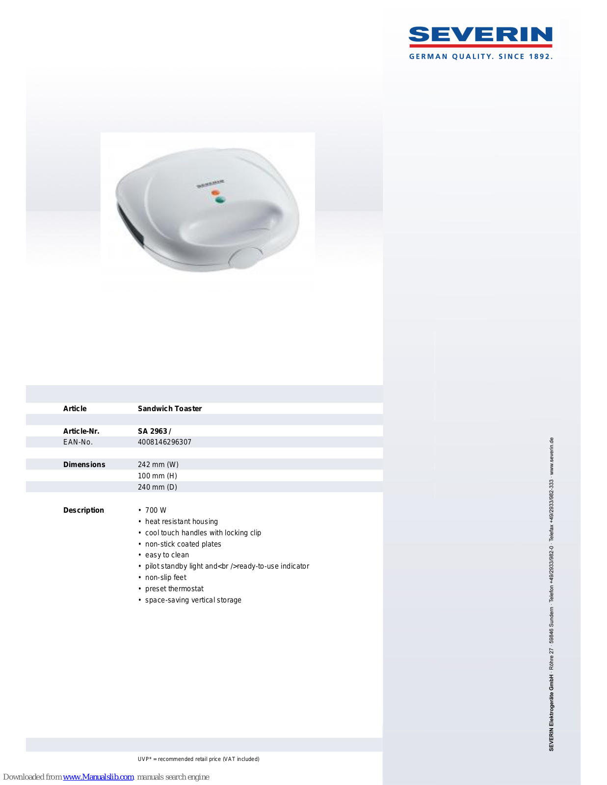 SEVERIN SA 2963, SANDWICH TOASTER - DATASHEET 2 Dimensions