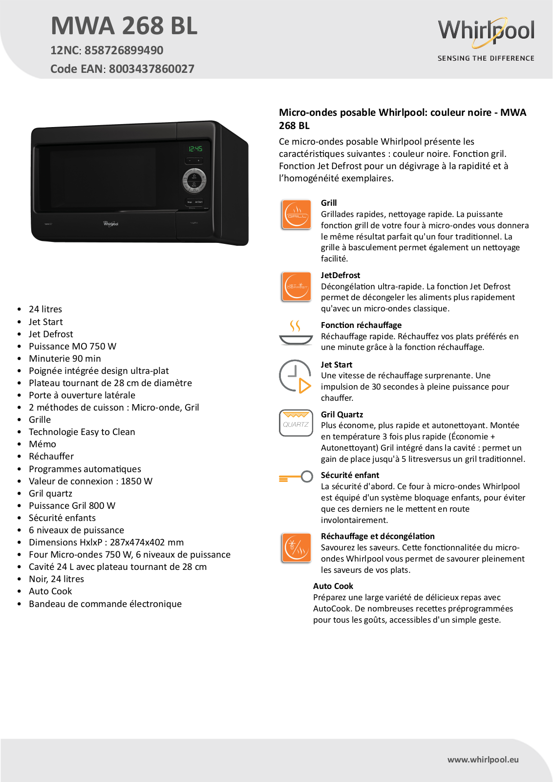 Whirlpool MWA 268 BL Product information