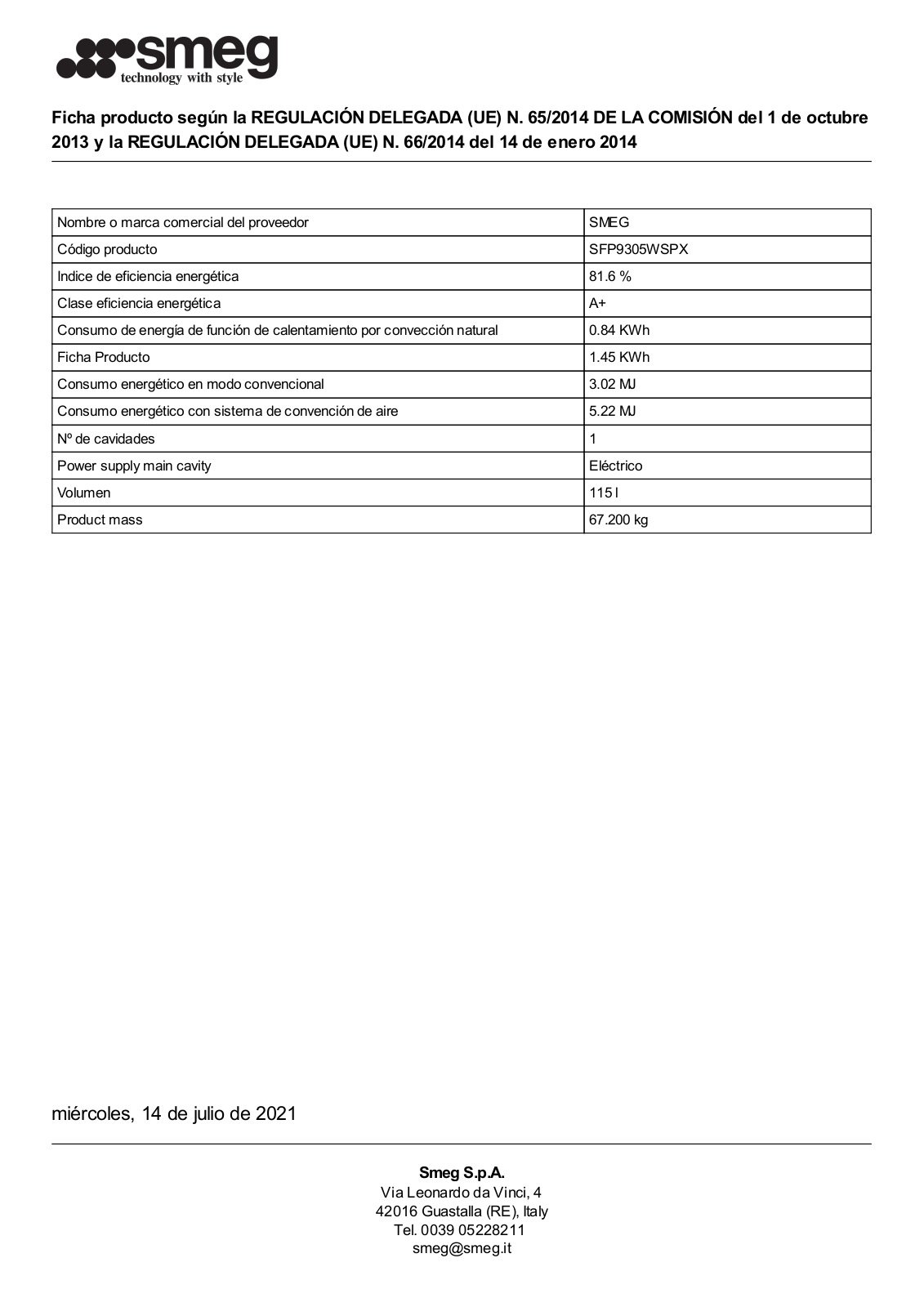 Smeg SFP9305WSPX Product Information Sheet