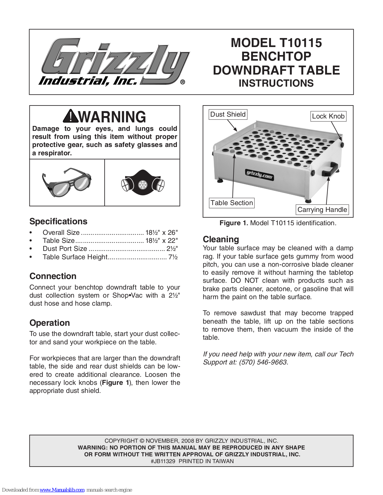 Grizzly Benchtop Downdraft Table T10115 Instruction Manual