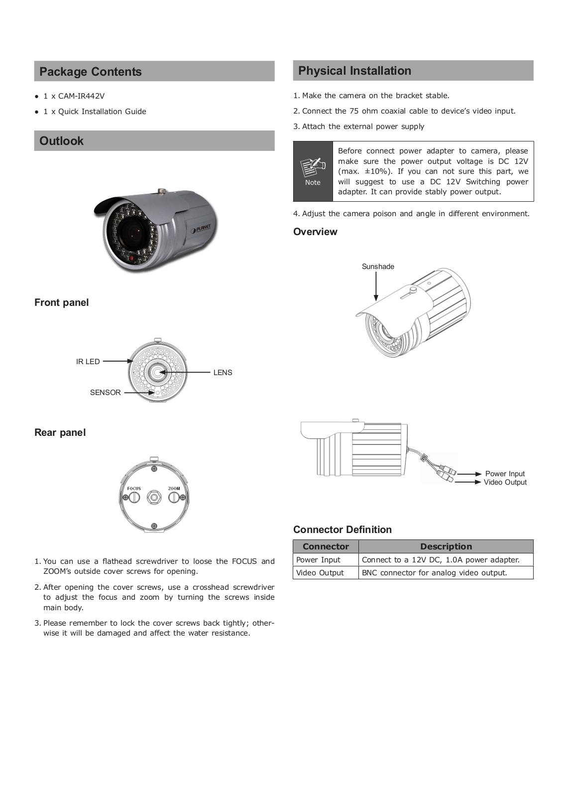 PLANET CAM-IR442V User Manual