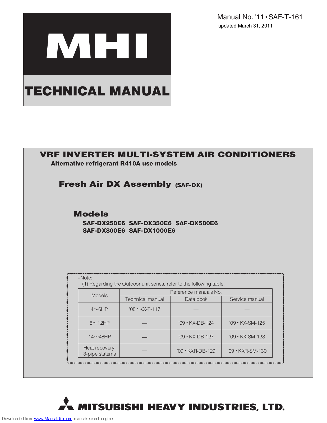 Mitsubishi Heavy Industries SAF-DX250E6, SAF-DX350E6, SAF-DX500E6, SAF-DX800E6, SAF-DX1000E6 Technical Manual