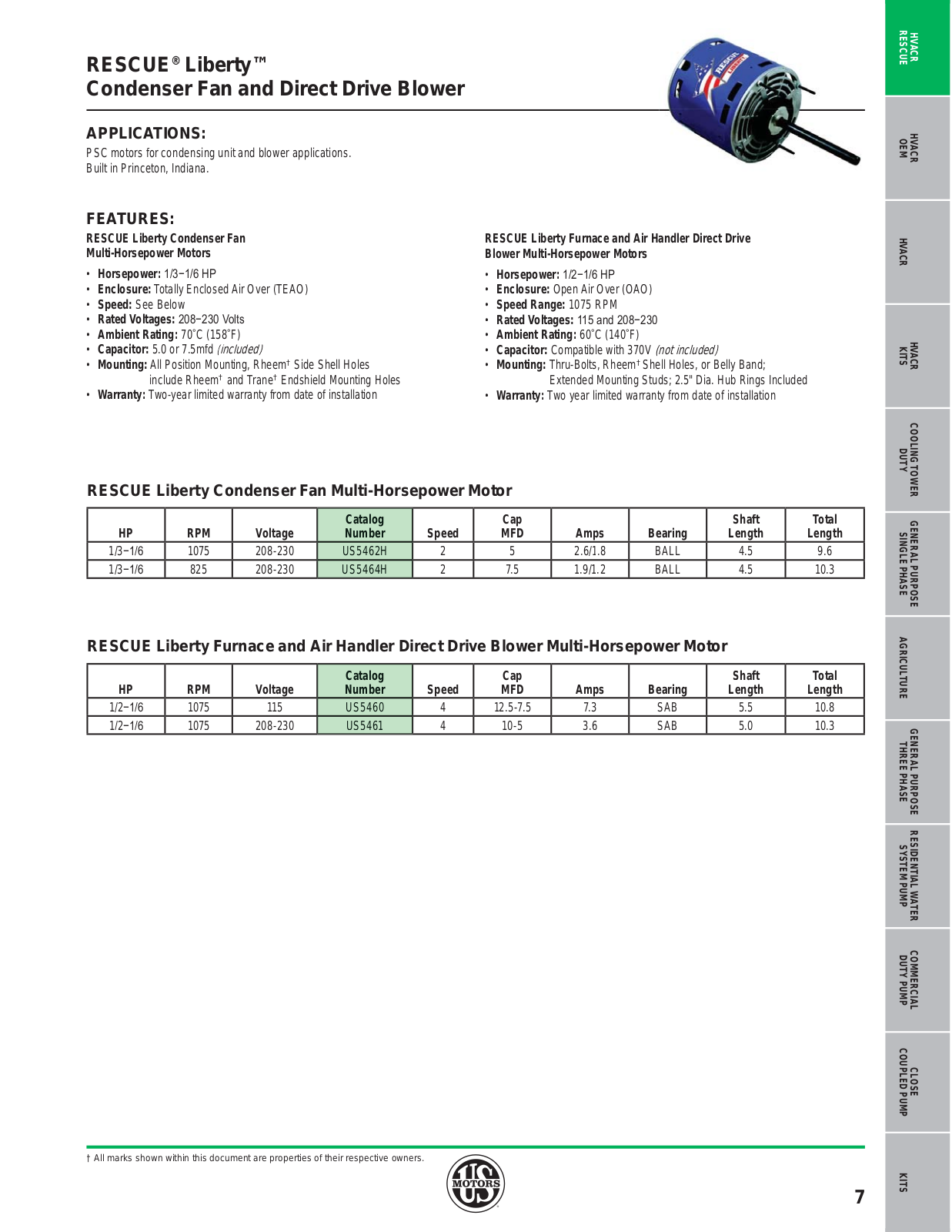 US Motors RESCUE® Liberty™ Condenser Fan and Direct Drive Blower Catalog Page